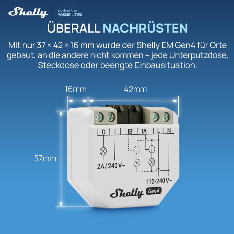 Shelly EM Gen4 WLAN Smart Energy Monitor, Real-time Power Consumption Measurement, 2-Channel Single-Phase, 50A Current Transformer Included, Contactor Control, Matter Compatible, No Hub Required