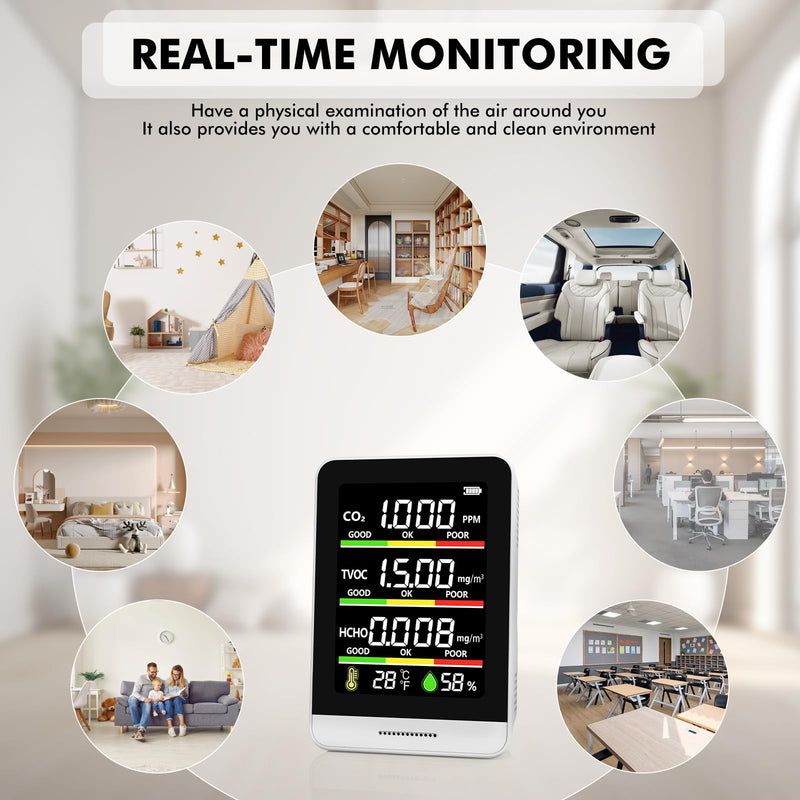 22 HOBBIES Air Quality Monitor Indoor,8-in-1 Smart Air Quality Tester with CO2, TVOC, HCHO, AQI, Temperature & Humidity, Real Time Display, Battery Powered, for Home & Office(White) White