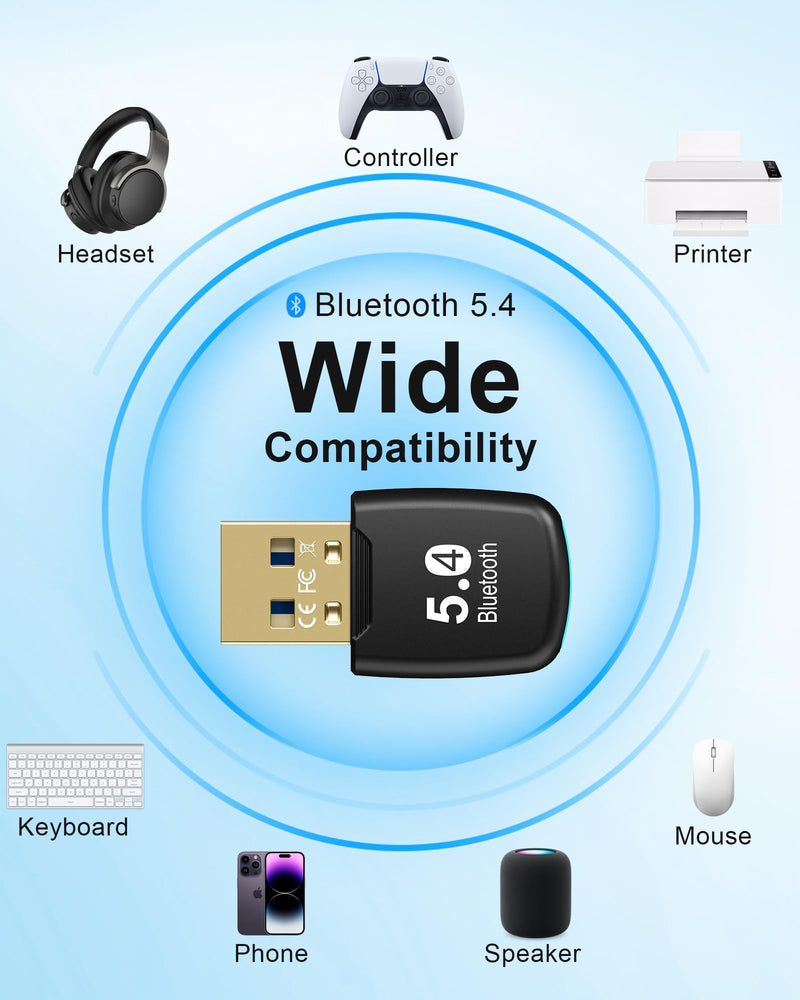 5.4 Bluetooth Dongle - 20M Range USB Adapter for PC, Plug and Play, Supports Laptop Headphones, Keyboard, Mouse - Windows 11/10/8.1
