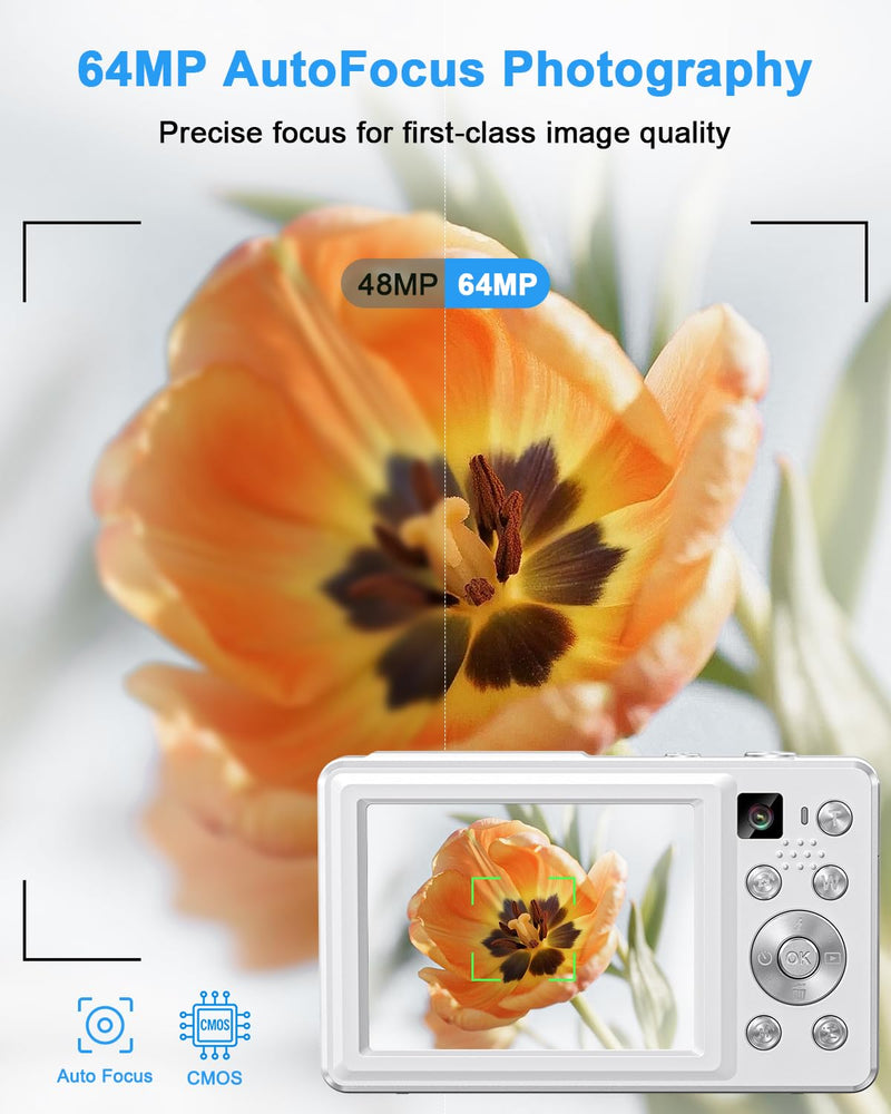 Digital Camera, 4K 64MP Cameras for Photography, Point and Shoot Digital Camera with Auto Focus, Dual Camera, Flash, 16X Zoom, Anti Shake, 32GB Card, Compact Vlogging Camera for Teens, Adults White