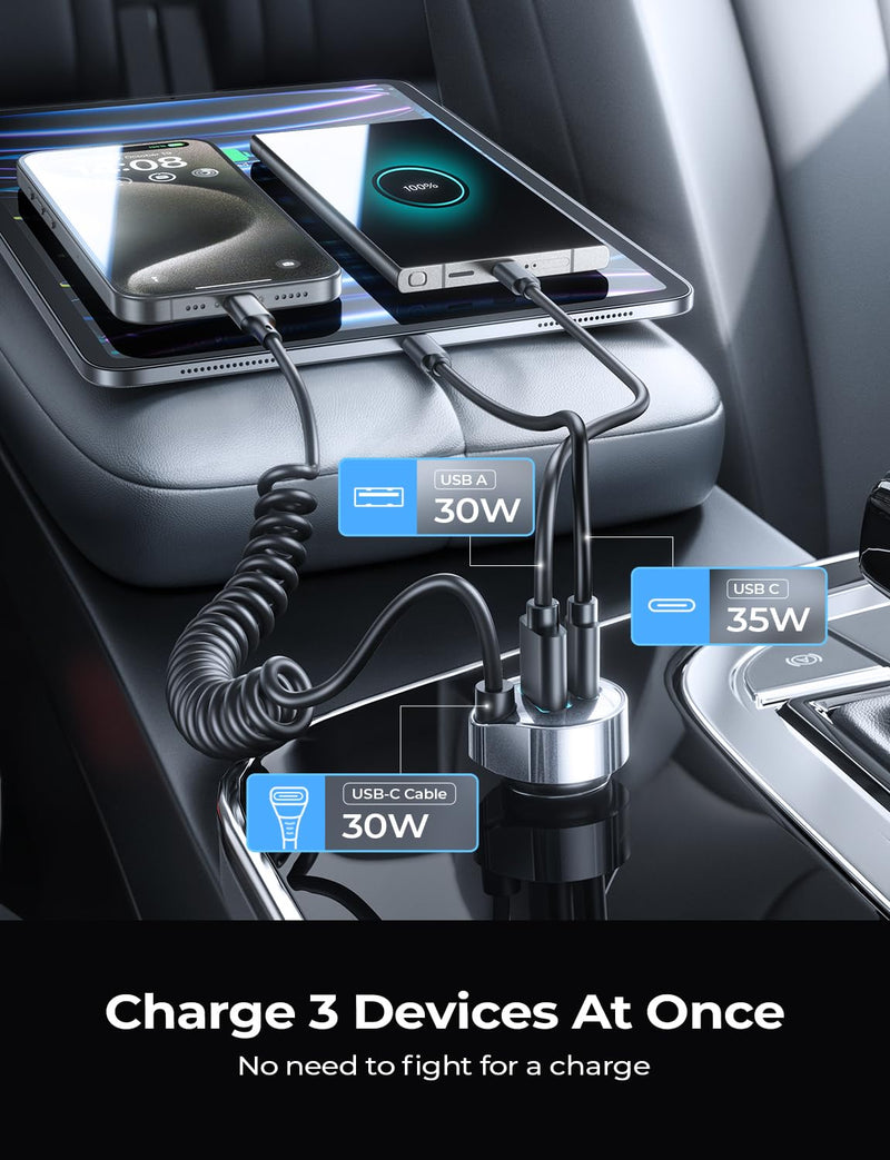 LISEN 65W USB C Car Charger Adapter Fast Charging 5Ft 30W USB C Coiled Cable fit iPhone 15 Charger Fast Charging Car Charger Type C,PD&QC3.0 Car Cigarette Lighter Charger for iPad Pro,Samsung,Android
