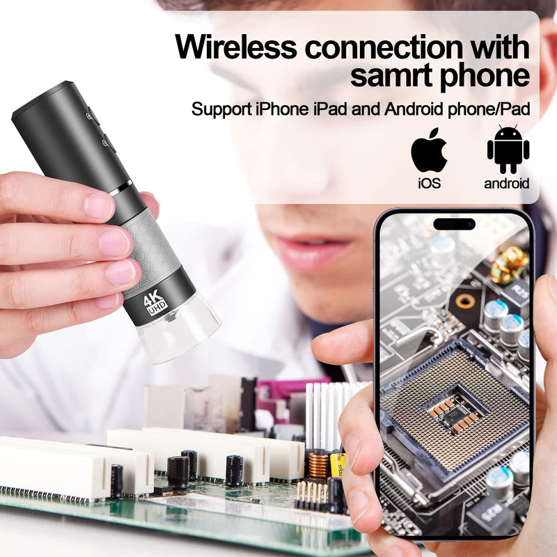 4K WiFi Digital Microscope Camera for iPhone Android Phone and Windows Mac PC, 3840x2160P Wireless Handheld Microscope, Portable Microscope for Adults and Children WiFi Microscope