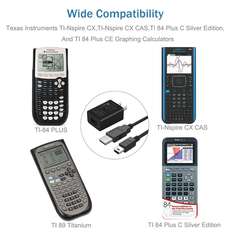 Universal Texas Instruments TI-84 Plus CE Graphing Calculator Power Cord,5Ft Data Cable for TI 84 Plus C Silver Edition Calculator,TI 89 Titanium,TI Nspire CX/TI Nspire CX CAS Graphing Calculator