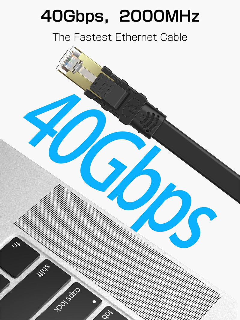 Cat 8 Ethernet Cable 20FT, High Speed 40Gbps 2000Mhz Flat Internet Network Patch Cord, RJ45 Shielded Outdoor&Indoor LAN Cable, Compatible for Gaming, PC, PS5/4/3, Xbox, Modem, Router Black 1