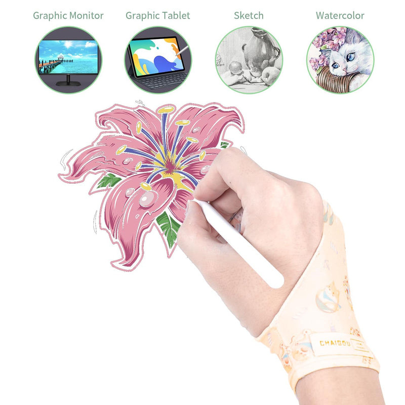 Artist Drawing Glove Art Two-Finger Glove Animal Print for Drawing Tablet/Pen Display/iPad for Right and Left Hand Yellow