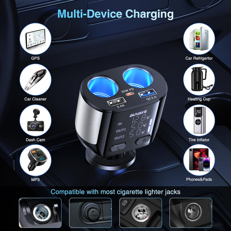 Cigarette Lighter Splitter 2 Socket w Voltmeter, BUVAYE 5 in 1 Fast Charge USB C Car Charger Adapter, Dual Cigarette Lighter Adapters for Cars,12V/24V Car Plug in Adapter Outlet for Dash Cam GPS Phone