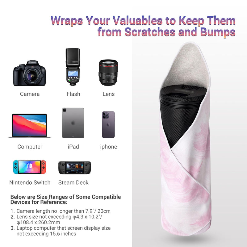 19.7 Inch Folding Protective Wrap for Camera Lens iPad Tablet Laptop Flash Telescope Hard Disk Switch Phone & More Devices, Self-Stick Wrapper Protector, Portable Travel Storage Pouch & Cleaning Cloth Pink Feather