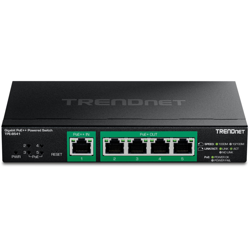 TRENDnet 5-Port Gigabit PoE++ Powered Managed Switch with PoE Passthrough, TPE-B541, 1 x Gigabit PoE++ Input, 4 x Gigabit PoE+ Output, 60W PoE Budget, NDAA TAA Compliant, Lifetime Protection PoE++ 90W