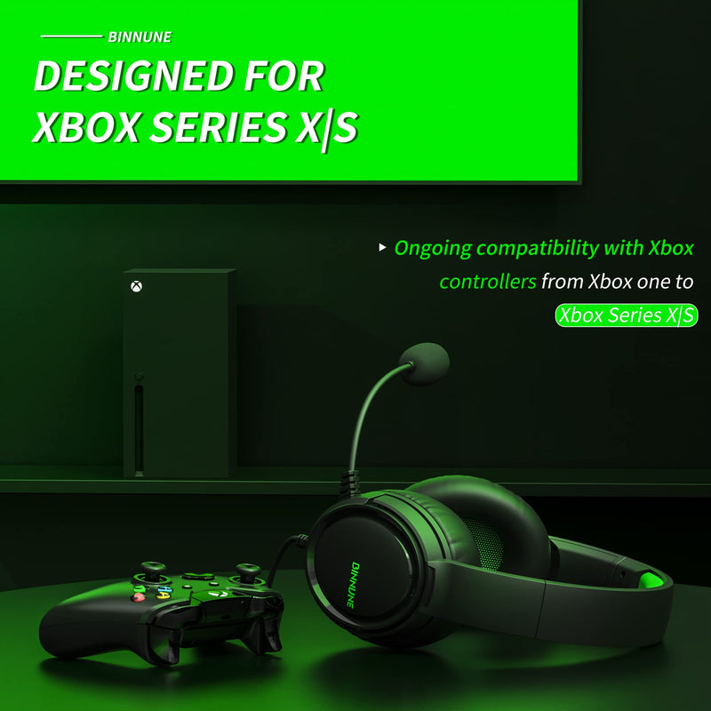 BINNUNE Gaming Headset with Mic for Xbox Series X|S Xbox One PS4 PS5 PC NS, Wired Audifonos Gamer Headphones with Microphone for Xbox 1 PS 4|5 Black/Green