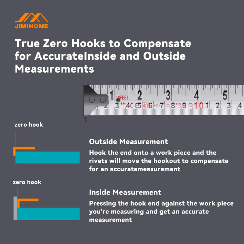 JIMIHOME Household Tool Essential 18Ft. Tape Measure 5.5 m Metric Imperial Wear Corrosion Resistant Nylon-Coating Impact-Resistant Retraction Speed Control Blade Lock True Zero Belt Clip Wrist Strap