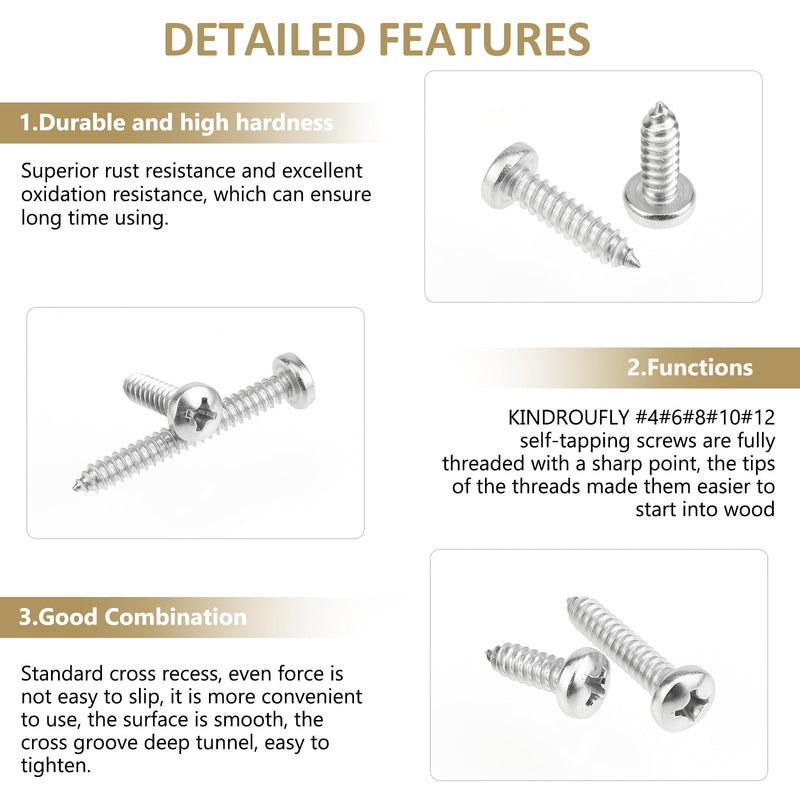 542 Pieces #4#6#8#10#12 Phillips Pan Head Self-Tapping Screws, Wood Screws Assortment Kit, 304 Stainless Steel