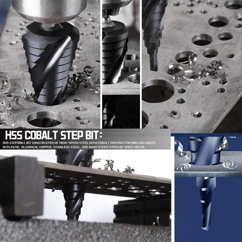 M35 Cobalt Step Drill Bit Set, Four Spiral Flute Cobalt Step Drill Bit, 3/16”-7/8" Impact Unibit Bit,for for Stainless Steel, Wood,Stainless Steel, Wood 3/16”-7/8"