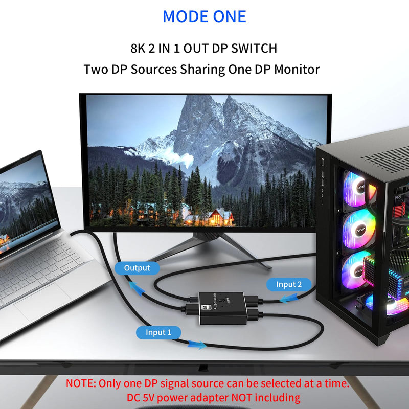 8K Bidirectional DisplayPort Switch 2 in 1 Out/ 1 in 2 Out DP 1.4 Switch Display Port Switcher for PC Monitor Laptop Etc Dark black