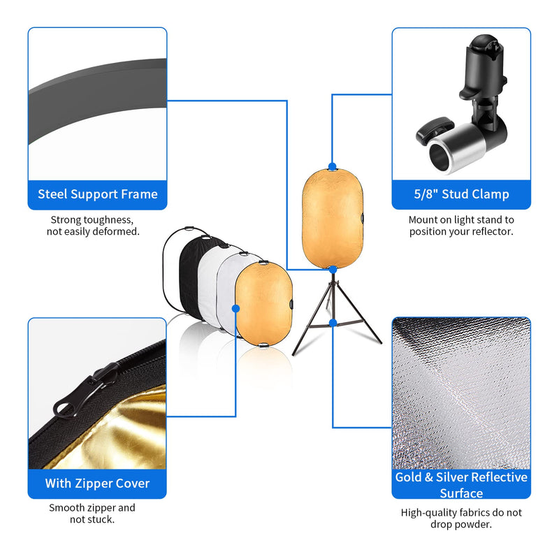 Selens 40"x 60"/100 x 150CM Photo Light Reflector Photography Kit 5-in-1 Gold/Silver/White/Black/Diffuser with Holder Clip & Collapsible Multi-Disc Carrying Case for Studio Outdoor Lighting