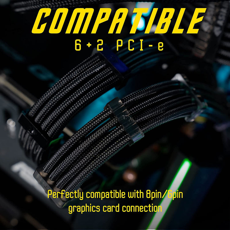 ASIAHORSE 18AWG Power Supply Sleeved Cable /24pin ATX /4+4pin EPS /2 x 6+2pin PCI-E PSU Extension Cable Kit 30cm Length with Two Color Combs, Black(11.8inch/30cm) 4 packs