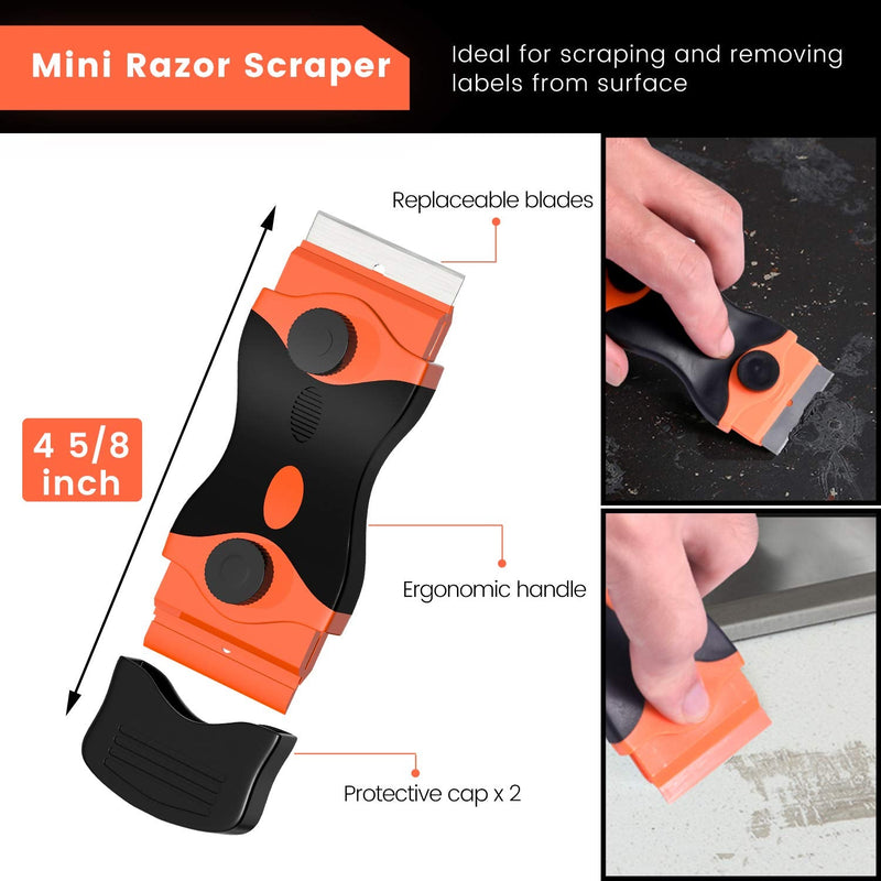 DEKEones Razor Blade Scraper, 2 PCS Razor Scraper Tool for Removing Label, Registration Sticker, Tint, Grease from Windshield, Appliance, Glass (Extra 20 Metal and 10 Plastic Blades) Orange-2PCS