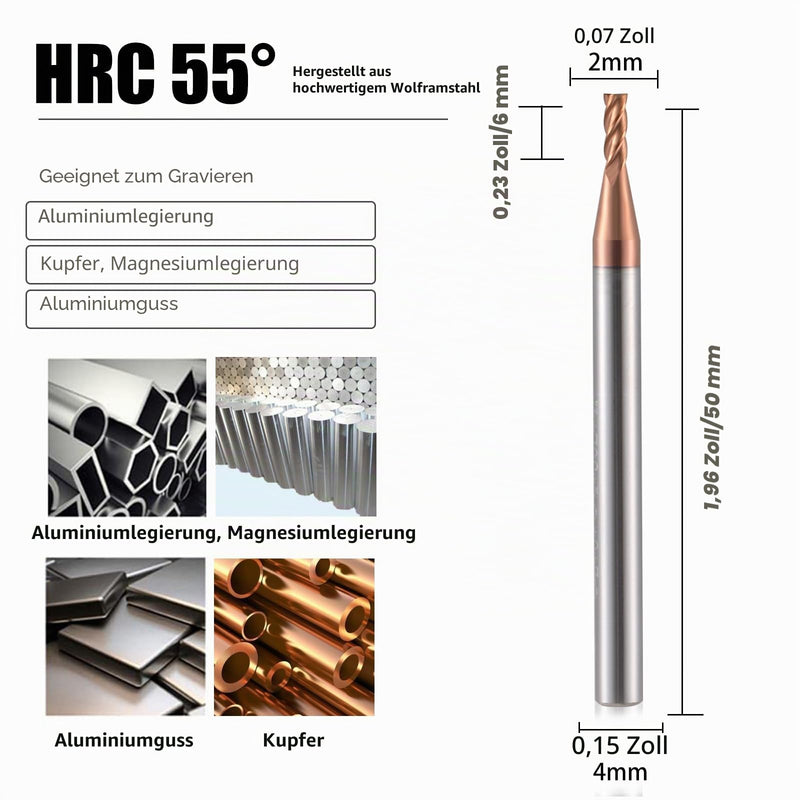 2 mm CNC End Mill Carbide 4 Cutting Edges 5 Pieces TiSiN Coat Spiral Cutter Bit Solid Carbide Drill Bits with 4 Grooves, 55 HRC Cutting End Mill Set Drill Bit for Aluminium Alloy, Steel, Copper D2x6xD4x50L