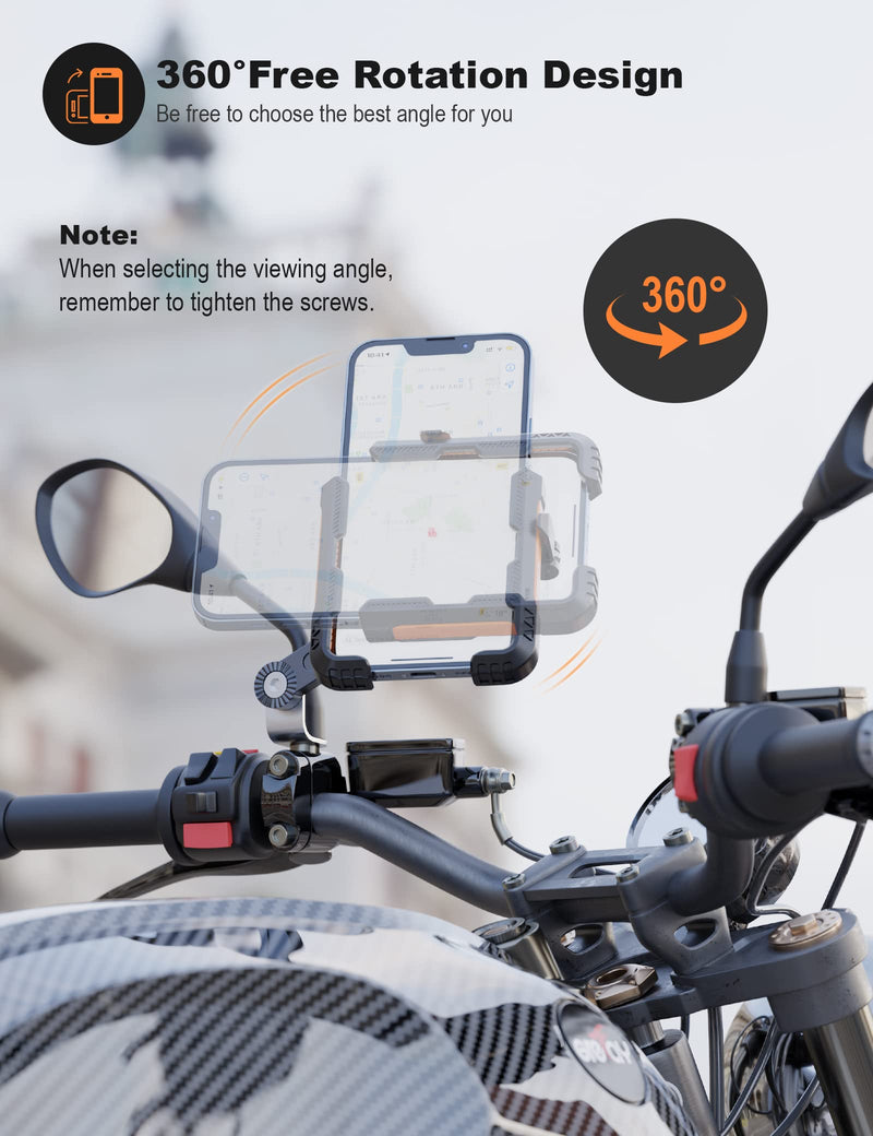Motorcycle Phone Holder Handlebar Mount Motorbike Phone Holder Rearview Mirror【2 Connection Methods+1S Quick Disassembly】 with 360 Rotate for 4.0-7.0 inch Smartphone