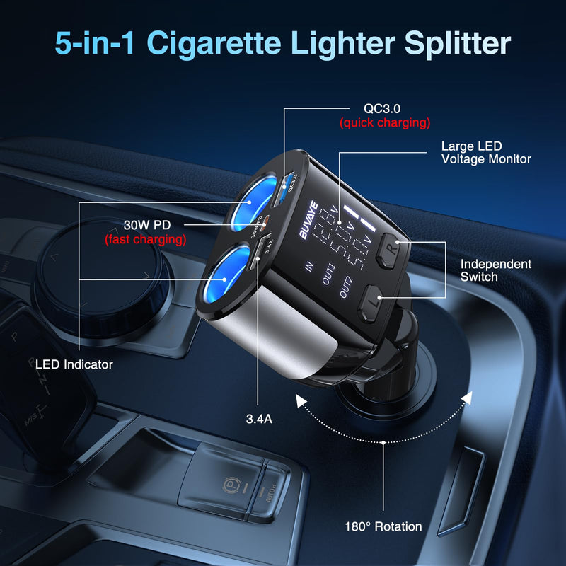 Cigarette Lighter Splitter 2 Socket w Voltmeter, BUVAYE 5 in 1 Fast Charge USB C Car Charger Adapter, Dual Cigarette Lighter Adapters for Cars,12V/24V Car Plug in Adapter Outlet for Dash Cam GPS Phone