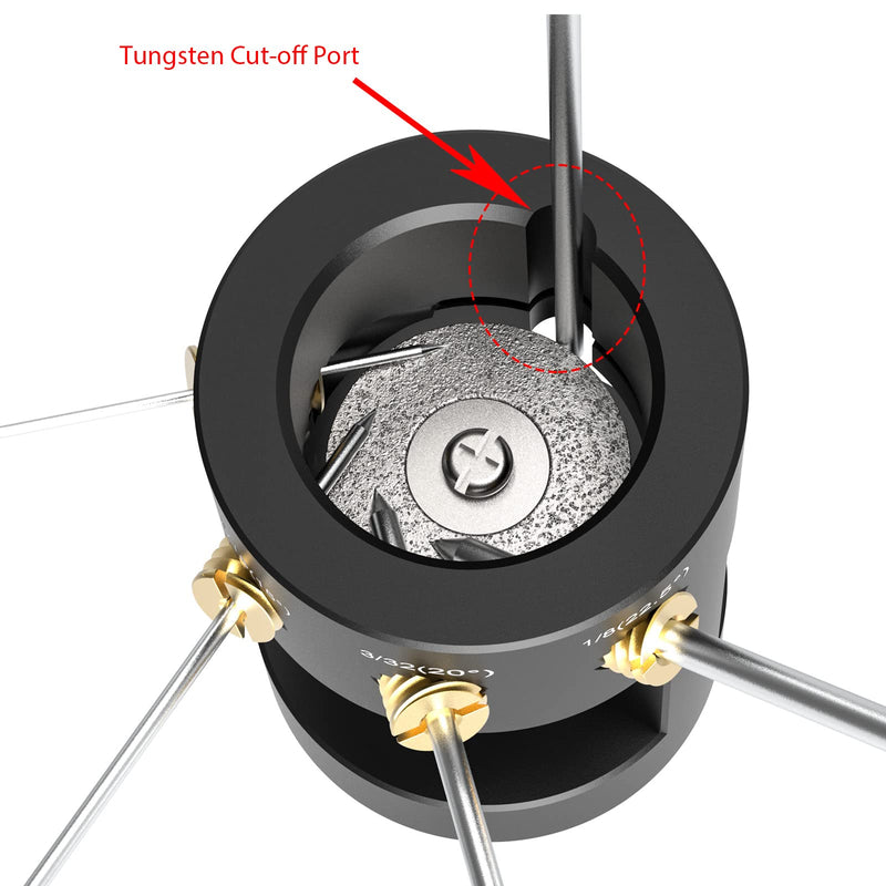 3mirrors Aluminum Tungsten Electrode Sharpener Grinder for TIG Welding Tool w/Cut-Off Slot Multi-Angle& Offsets, 4 Copper Screws Holes& 2 Upgrade CNC Mandrels& 5 25mm Diamond Wheels& Instructions 4 Holes