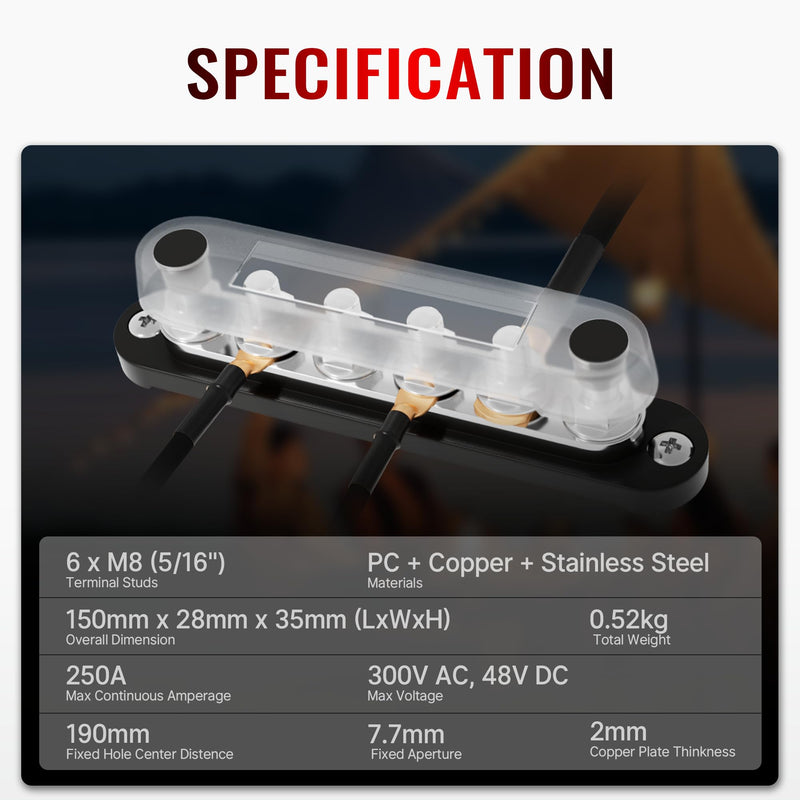 12V Bus Bar 250A Power Distribution Block, 12 Volt Busbars 6 x 5/16" (M8) Terminal Studs Positive & Negative for Car, Marine, Solar Systems