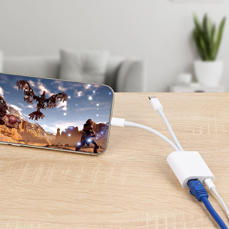 Lightning and USB C to Ethernet Adapter,2 in 1 RJ45 Ethernet LAN Network Adapter with Charge Port Compatible with iPhone/iPad/iPod/Samsung and More,Supports 100Mbps Plug and Play USB-C + Lightning
