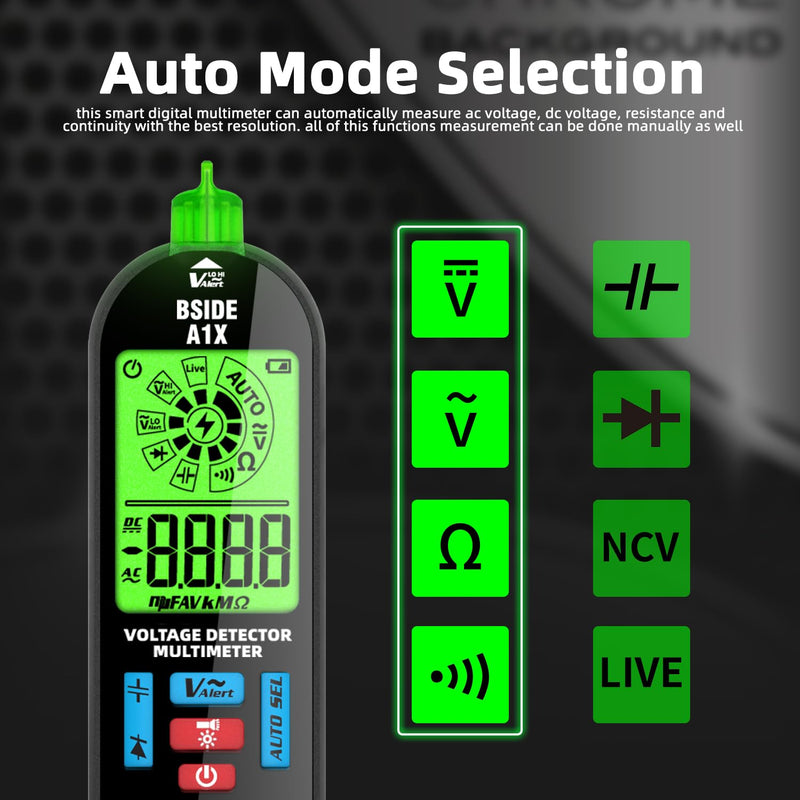 BSIDE Digital Multimeter Tester Rechargeable Electrical Voltmeter, Smart Mode with Red & Green Backlight, Measures Capacitance Diode Ohm Continuity V-Alert DC AC Voltage with Carrying Case A1X with Bag