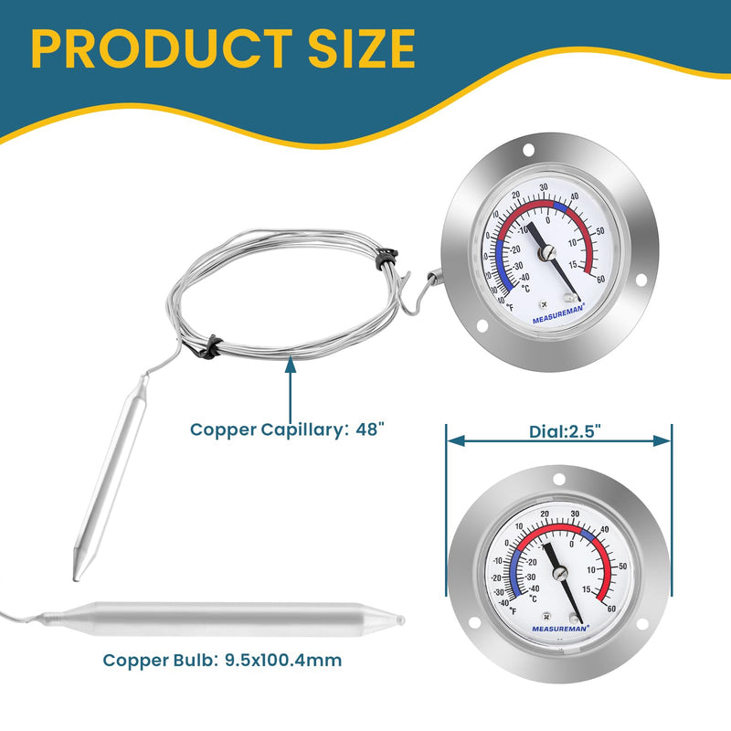 MEASUREMAN Vapor Capillary Flanged Panel Mount Refrigeration Thermometer, 2.5" Dial, 48" Capillary, -40-60 deg F/-40-15 deg C, Re-Calibration Available -40-60 deg F/-40-15 deg C (2.5" Dial)