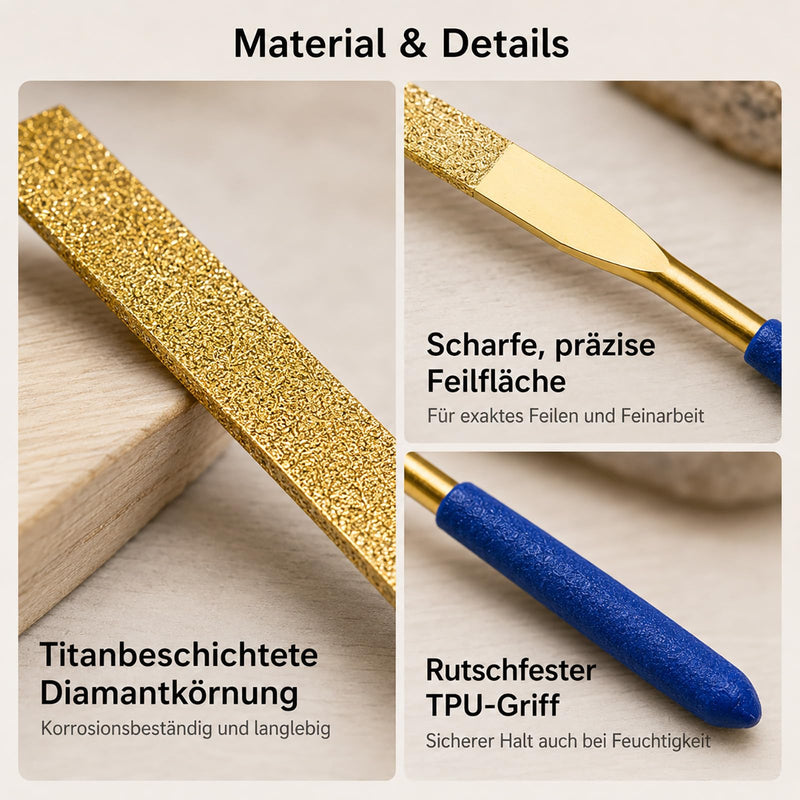 Flat Diamond Needle File 9.5 x 180 mm, Titanium Coated with Non-Slip TPU Handle, Precision File for Metal, Stone, Wood, Plastic, Model Making