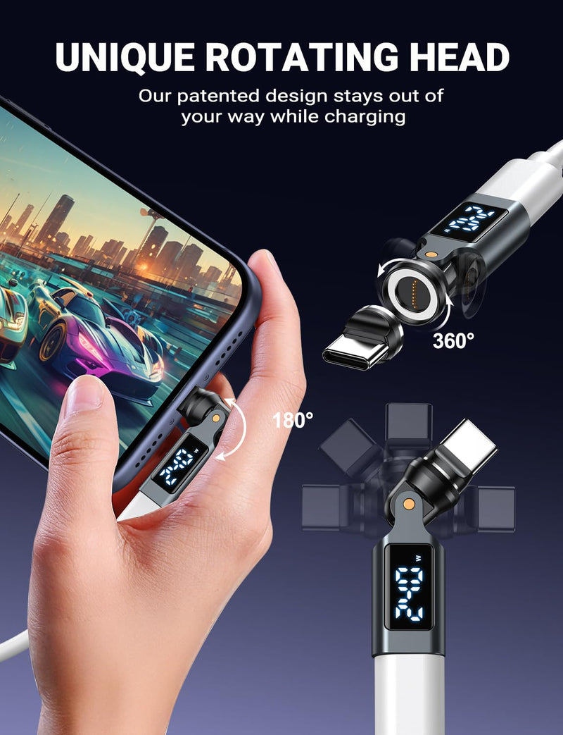 USB C Magnetic Adapter PD 240W(2Pack), 9PIN USB C 90 Degree Adapter with LED Digital Display/360 &180 Degree Power Meter Tester for 1Phone 17/16/15, Ma-Book Pro/1Pad Series, Samsung, Tablet, Laptop Gray USB Type C