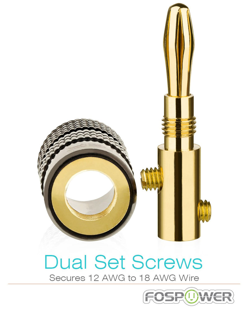 FosPower Banana Plugs 2 Pairs / 4 pcs, Closed Screw 24K Gold Plated Banana Speaker Plug Connectors for Speaker Wire, Wall Plate, Home Theater, Audio/Video Receiver, Amplifiers and Sound Systems