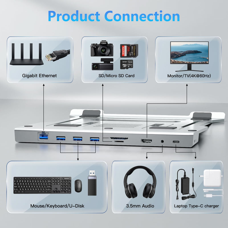 9-in-1 USB-C Laptop Stand with Docking Station: 4K HDMI, 100W PD, 3xUSB 3.0, Gigabit Ethernet & SD/TF Card Reader,3.5mm Audio | Best Gifts Ergonomic Stand Hub for MacBook/Dell/HP/Lenovo