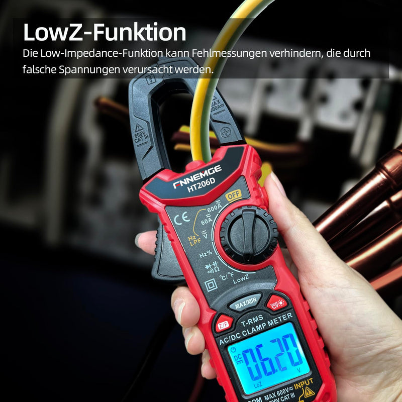 FNNEMGE HT206D Current Clamp, Current Meter DC/AC Current: 0-600A, Multimeter True-RMS 6000 Counts Auto Ranging, Measures Voltage Capacity Continuity (AC/DC Current)