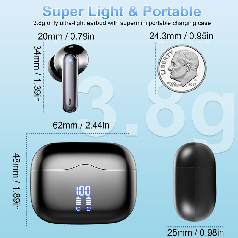 Wireless Earbuds, Bluetooth 5.3 Headphones in Ear with 4 ENC Noise Cancelling Mic, HiFi Stereo Deep Bass Wireless Earphones 40H Playtime, in-Ear Earbud Bluetooth Dual LED Display IP7 Waterproof, USB-C Black