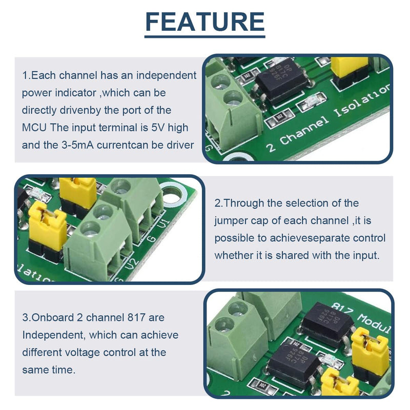 5pcs PC817 2 Channel Optocoupler Isolation Module 3.6-30V Voltage Converter Driver Photoelectric Insulated Board for Control Relay with 24AWG Wire 2 channels