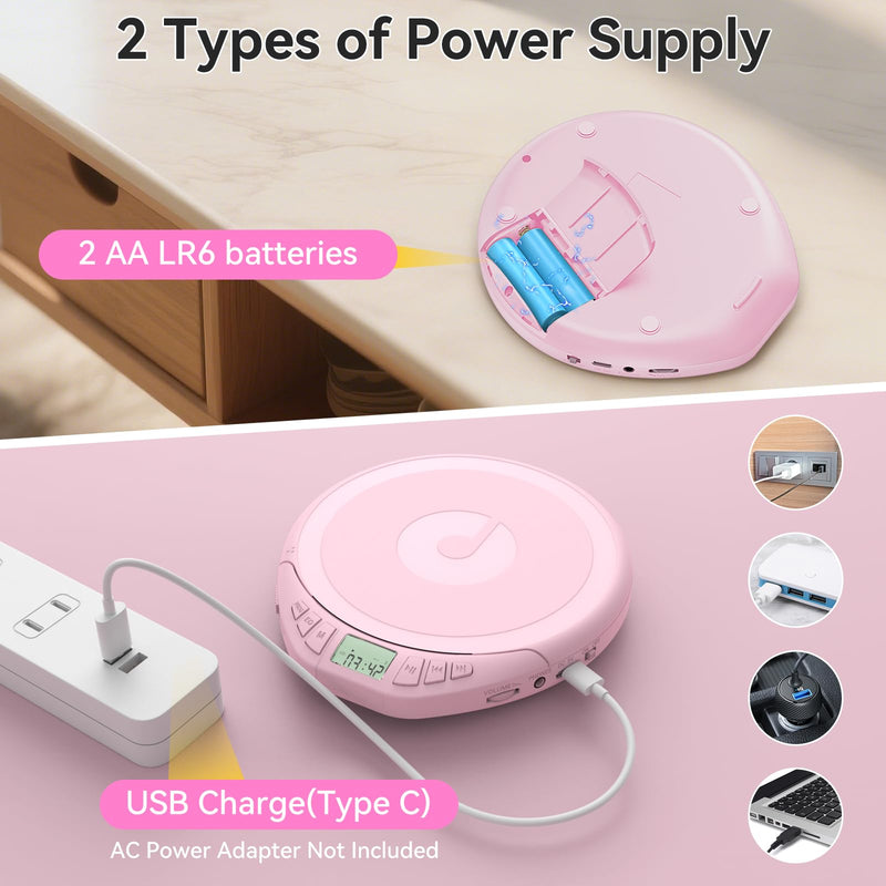 Gueray Portable CD Player with Earphones,CD Discman for Car Home with Anti-Skip Shockproof Protection,Personal CD Music Player with LCD Display Support PROG Memory Function H-01 Pink
