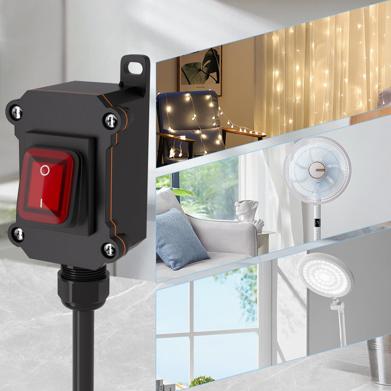 Inline Power Switch with 15-ft 14AWG Cable Piggyback Plug(3-Pronged),Red LED Rocker Button,IP67 Waterproof Extension Cord with On/Off Switch, AC/DC 20A-125V / 16A-250V（15FT/14AWG） 15FT