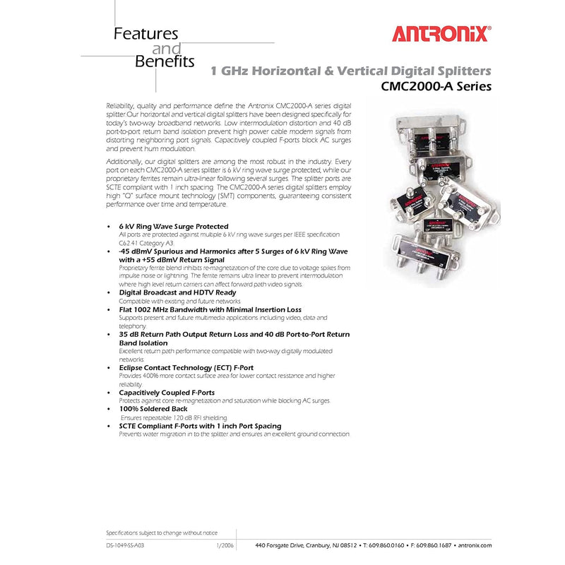 Antronix A Series CMC2000H-A 2-Way Horizontal Splitter 1 GHz 5-1002 MHZ MoCA Capable
