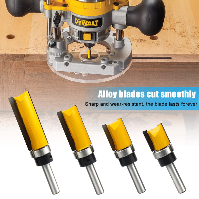 Pack of 4 flush cutter ball bearings, flush cutter 8 mm shaft, flush cutter, edge copy cutter with ball bearing, router, groove cutter flush cutter set woodworking cutting tool for wood shaft 8 mm