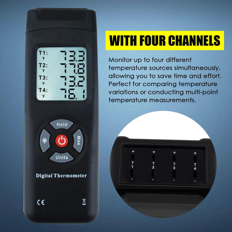 Thermometer 4 Channels K-Type Thermocouple Sensor Tester with K-Type Metal Probe, Backlight and Temperature Instrument