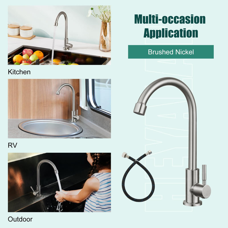 Heyalan Cold Water Only Kitchen Faucet SUS304 Sink Faucets High Arc Gooseneck 360 Degree Rotation Spout Basin Tap with Longer Thread Pipee,Brushed Nickel Brushed Nickel 1