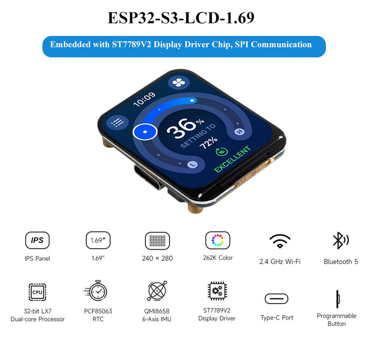 ESP32-S3 Development Board with 1.69inch IPS Display 240×280 Pixels 262K LCD,240MHz Dual-Core Processor, Accelerometer and Gyroscope Sensor, Support W-iF-i/Blue-Too th, Suitable for Various Scenarios