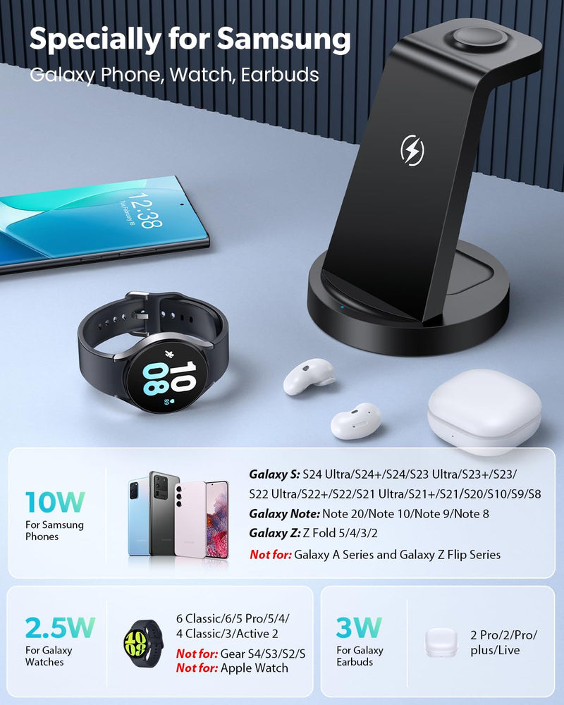 Wireless Charger for Samsung: 3 in 1 Wireless Charging Station for Samsung Galaxy Watch 6 5 4 3 Pro Classic Galaxy Buds - Charger Dock Stand for S24 Ultra S23 S22 S21 S20 Note 20 10 Z Fold Android Black
