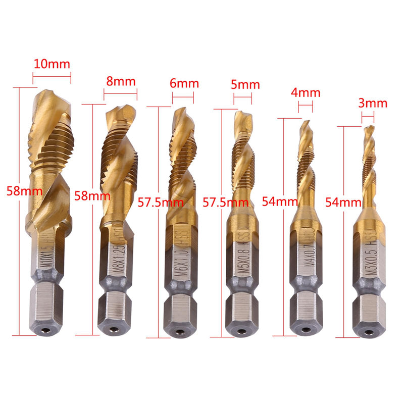 MAGT Tap Set, 6 Pieces Metric Thread M3-M10 Tap Cutter Set Titanium Coated HSS Drill Bits Set 1/4 Inch Hex Shank