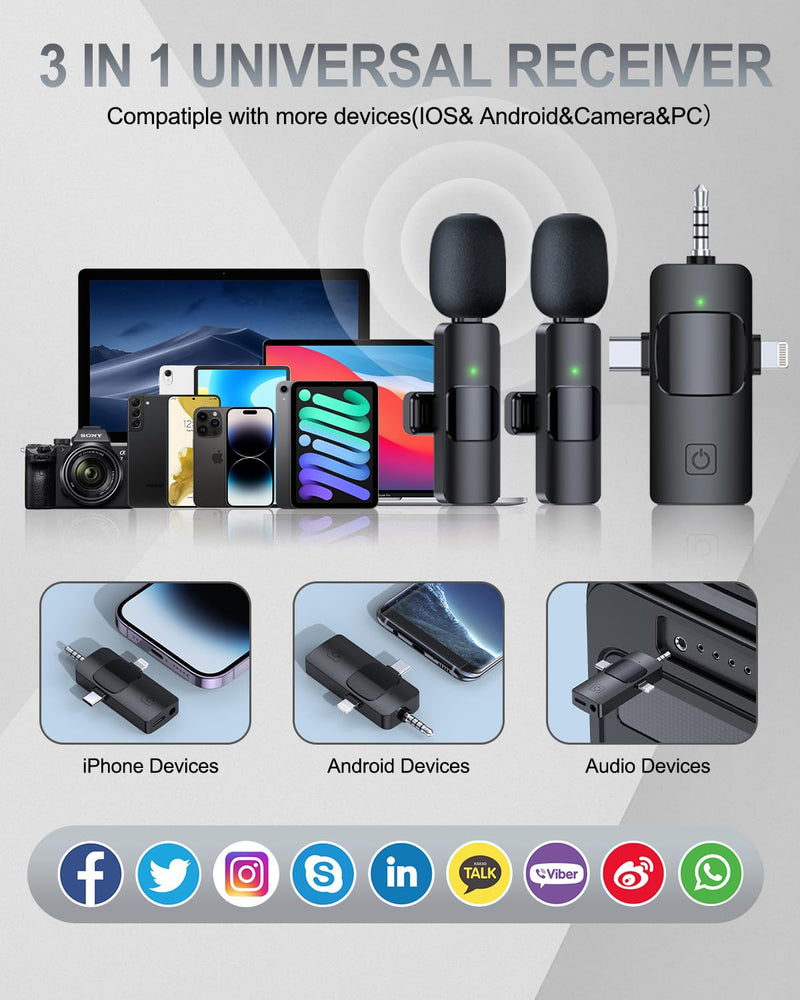PQRQP 3 in 1 Professional Wireless Lavalier Microphone for iPhone, Android, Camera, Wireless Mini Microphones, Crystal Clear Sound Quality for Recording, Live Streaming, YouTube, TikTok, Elegant Black