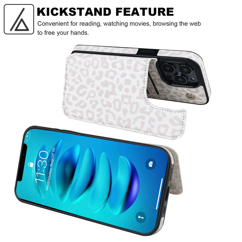 HAOPINSH iPhone 14 Pro Max Wallet Case, White Leopard Pattern, PU Leather Kickstand, Card Slots, Double Magnetic Clasp, 6.7" Shockproof