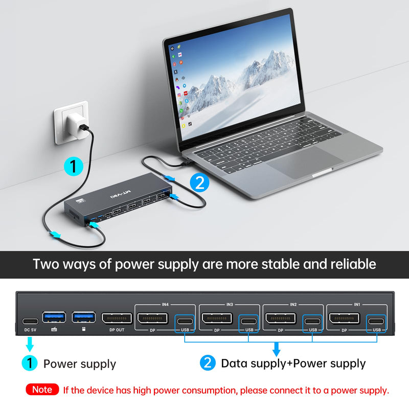MT-VIKI 8K Displayport KVM Switch 4 in 1 Out DP1.4 with 4 USB 3.0 Ports, Support 8K@60Hz 4K@144Hz Share 1 Monitor Keyboard Mouse U-Disk Printer, with 4 USB A to C Cables 4 Port