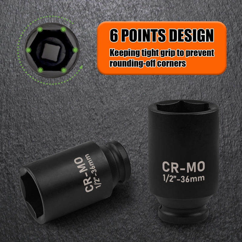 1/2" Drive Deep Impact Socket, 36mm Metric Socket, Axle Nut Socket CR-MO 6 Point for Easy Removal of Axle Shaft Nuts