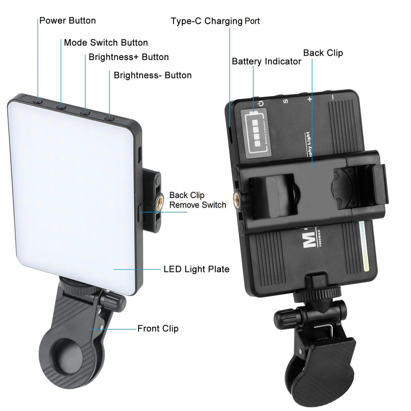 Selfie Phone Light with Front & Back Clips, LED Video Light Photography Lighting Lamp with 3 Light Modes for iPhone Computer Laptop Cameras Vlogging Makeup Tiktok Black(M15)