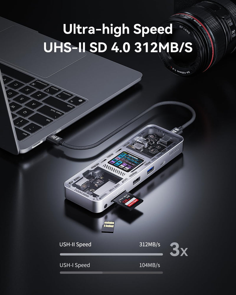 DOCKCASE Explorer Edition 10-in-1 USB C Hub, Dual 4K HDMI Docking Station for 2 Monitor, Gigabit Ethernet,1 USB-C and 3 USB-A Ports,100w PD, UHS-II TF/SD Card Reader for MacBook Pro, XPS, and More Silver